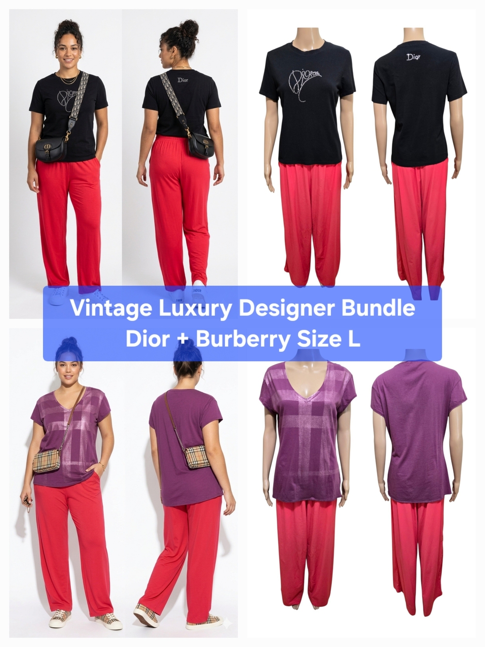 Vintage High-End Designer Bundle: Christian Dior & Burberry Brit T-shirt Sz L
